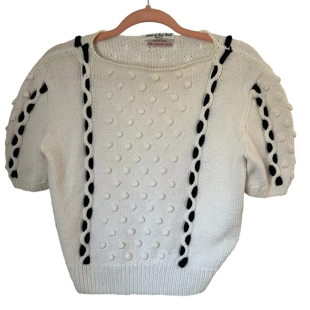 Vintage Hand Knit French Girl Preppy Coastal Short Sleeve Sweater With Pom Poms - Picture 4 of 12